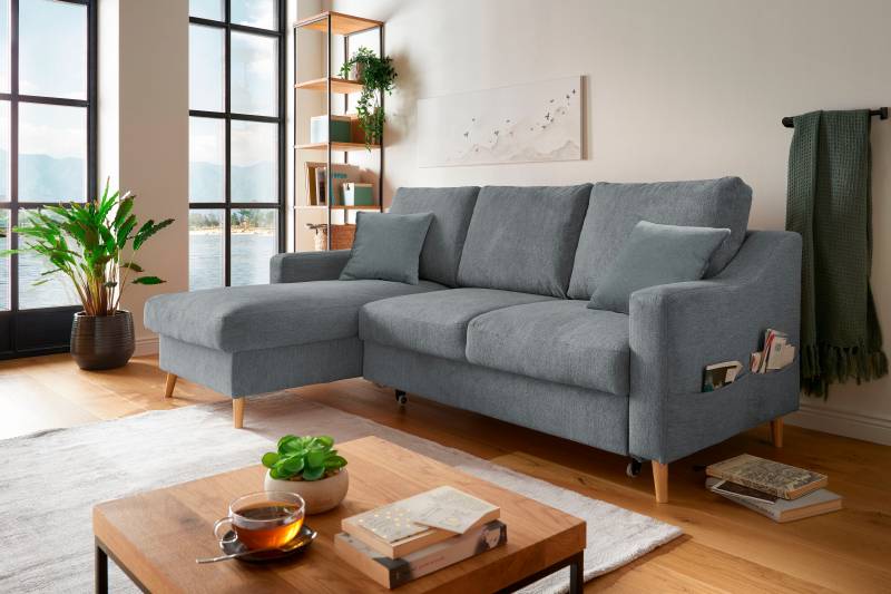 INOSIGN Ecksofa »Valentina L-Form«, 2 Zierkissen, mit Seitentasche, ausziehbarer Liegefläche, Bettkasten von INOSIGN