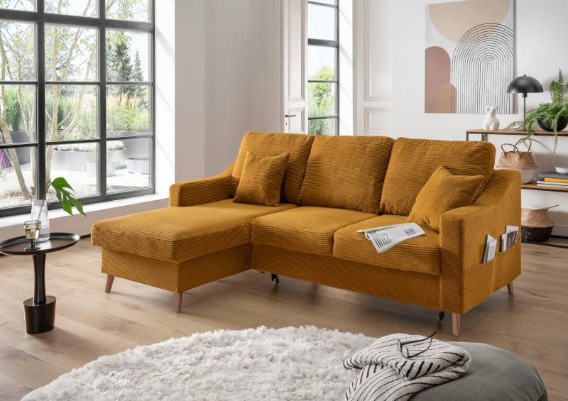 INOSIGN Ecksofa »Valentina L-Form«, 2 Zierkissen, mit Seitentasche, ausziehbarer Liegefläche, Bettkasten von INOSIGN
