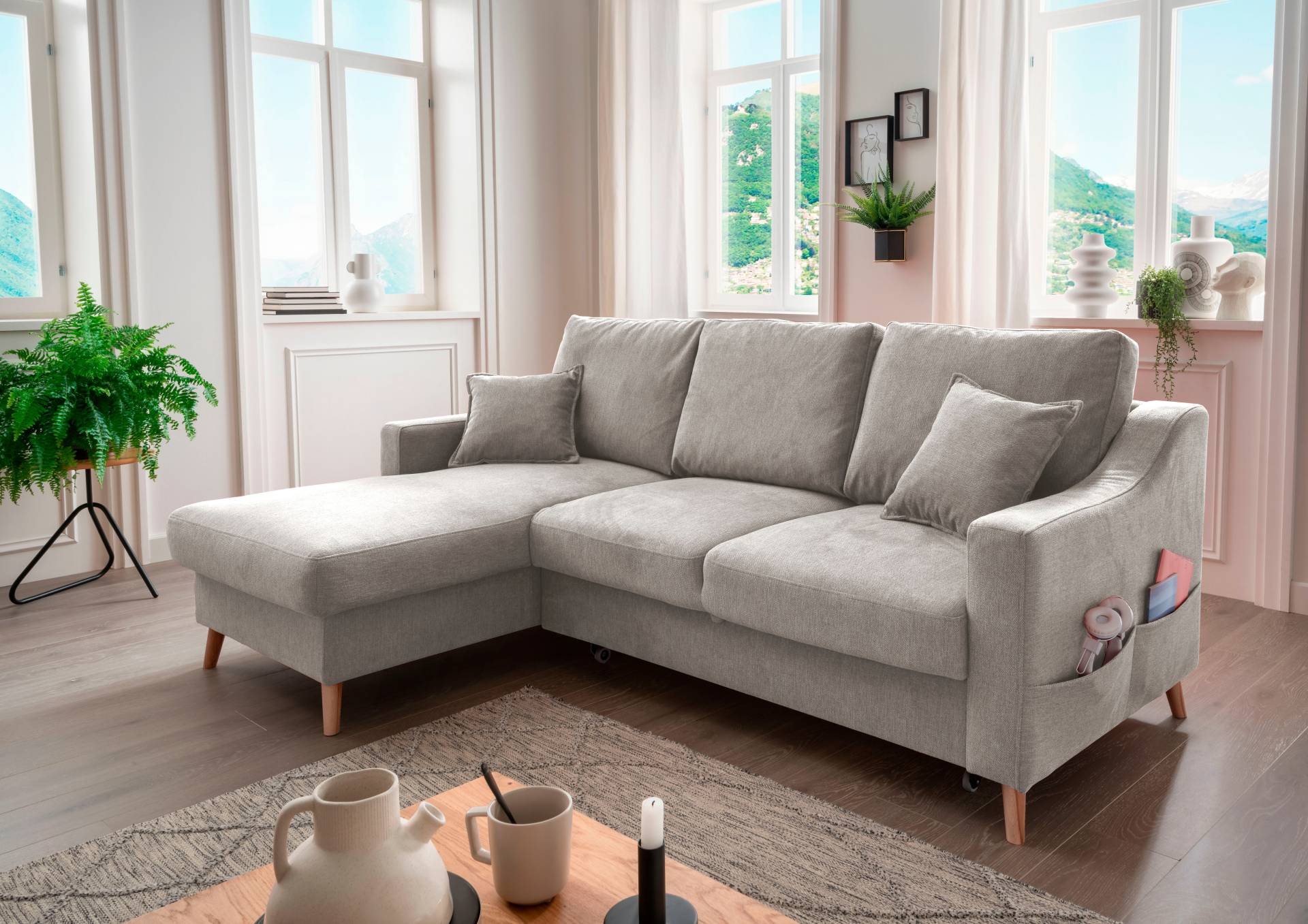 INOSIGN Ecksofa »Valentina L-Form«, 2 Zierkissen, mit Seitentasche, ausziehbarer Liegefläche, Bettkasten von INOSIGN