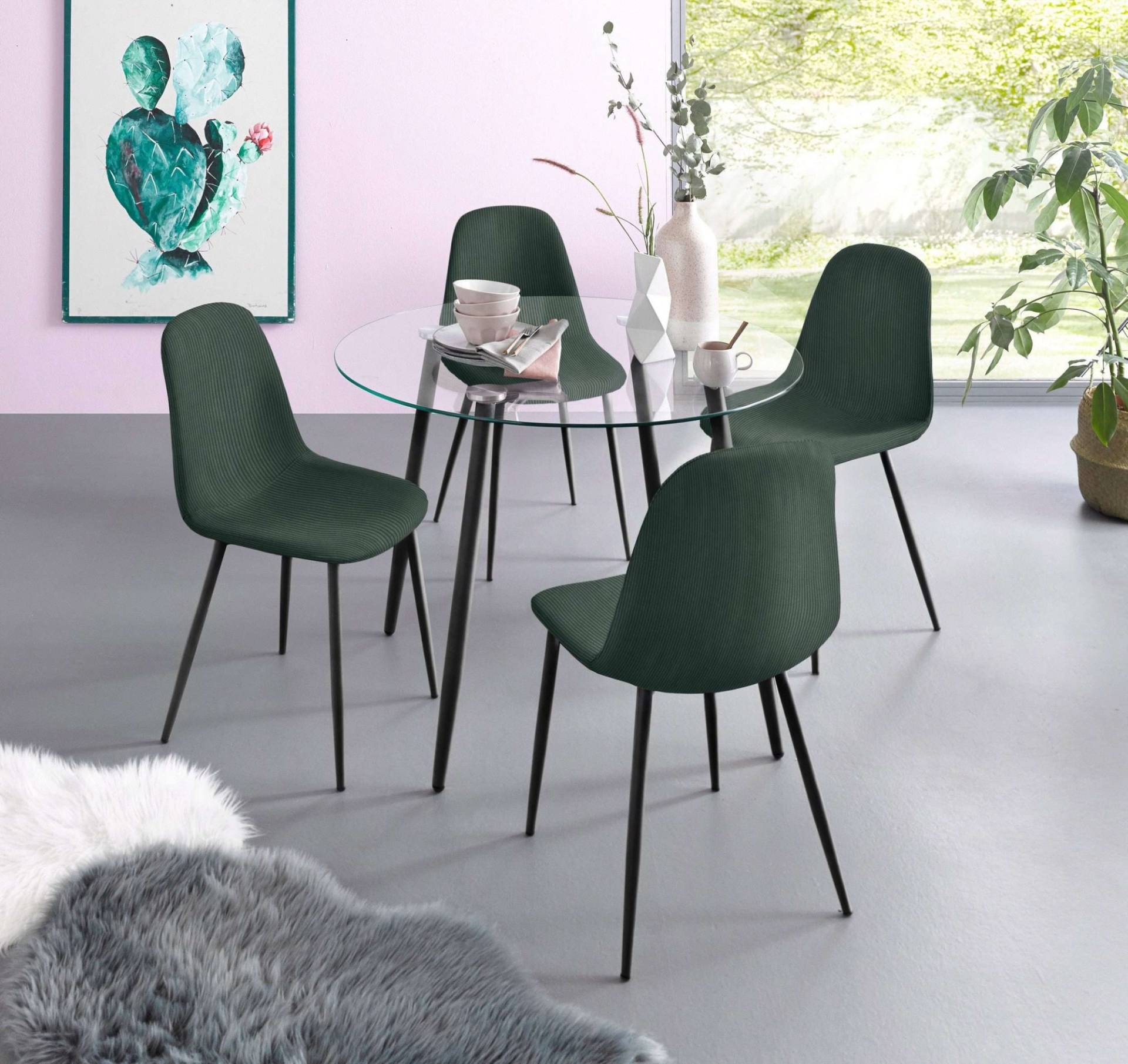 INOSIGN Essgruppe »Danny-Miller«, (Set, 5 tlg., Set 100 cm), Glastisch 100x100 cm mit 4 Stühlen in Cord, Gestell aus Metall von INOSIGN