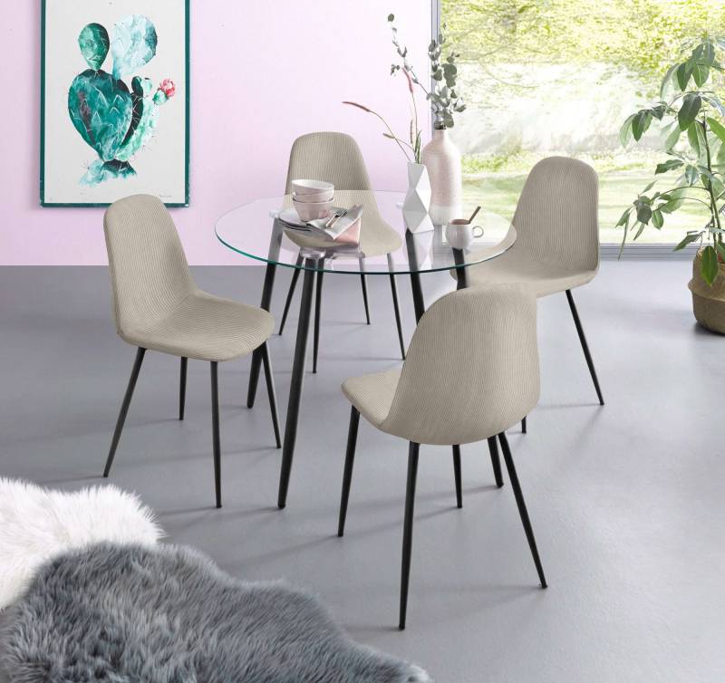 INOSIGN Essgruppe »Danny-Miller«, (Set, 5 tlg., Set 100 cm), Glastisch 100x100 cm mit 4 Stühlen in Cord, Gestell aus Metall von INOSIGN