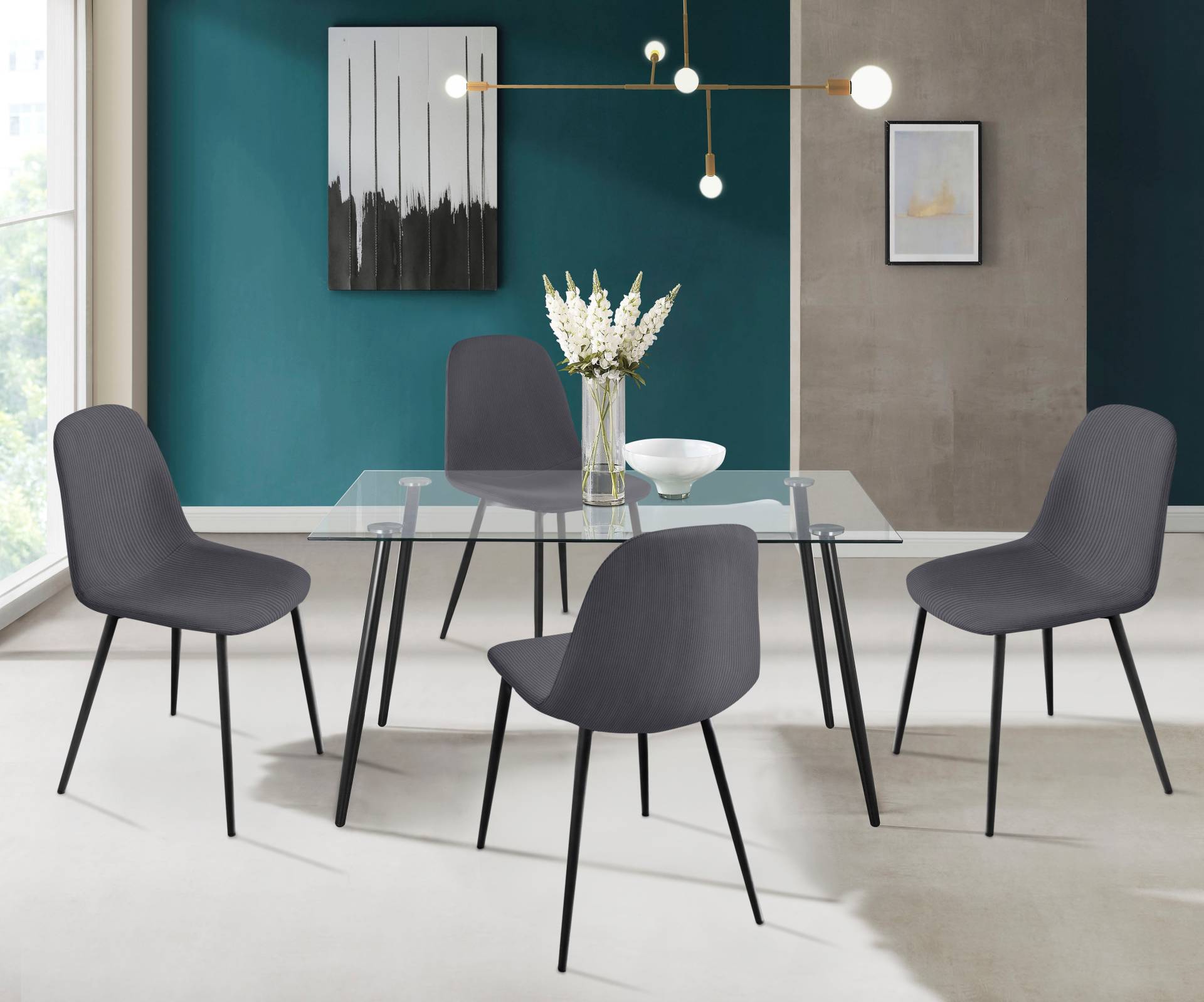 INOSIGN Essgruppe »Danny-Miller«, (Set, 5 tlg., Set 140 cm), Glastisch 140x80 cm mit 4 Stühlen (Cord), Gestell aus Metall von INOSIGN