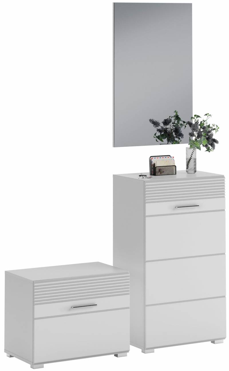 INOSIGN Garderoben-Set »Malmö, Breite 115cm, MDF Front mit Rillenfräsung, 3-teilig, best. aus:«, (3 St.), Sitzbank, Schuhkommode & Garderobenspiegel von INOSIGN