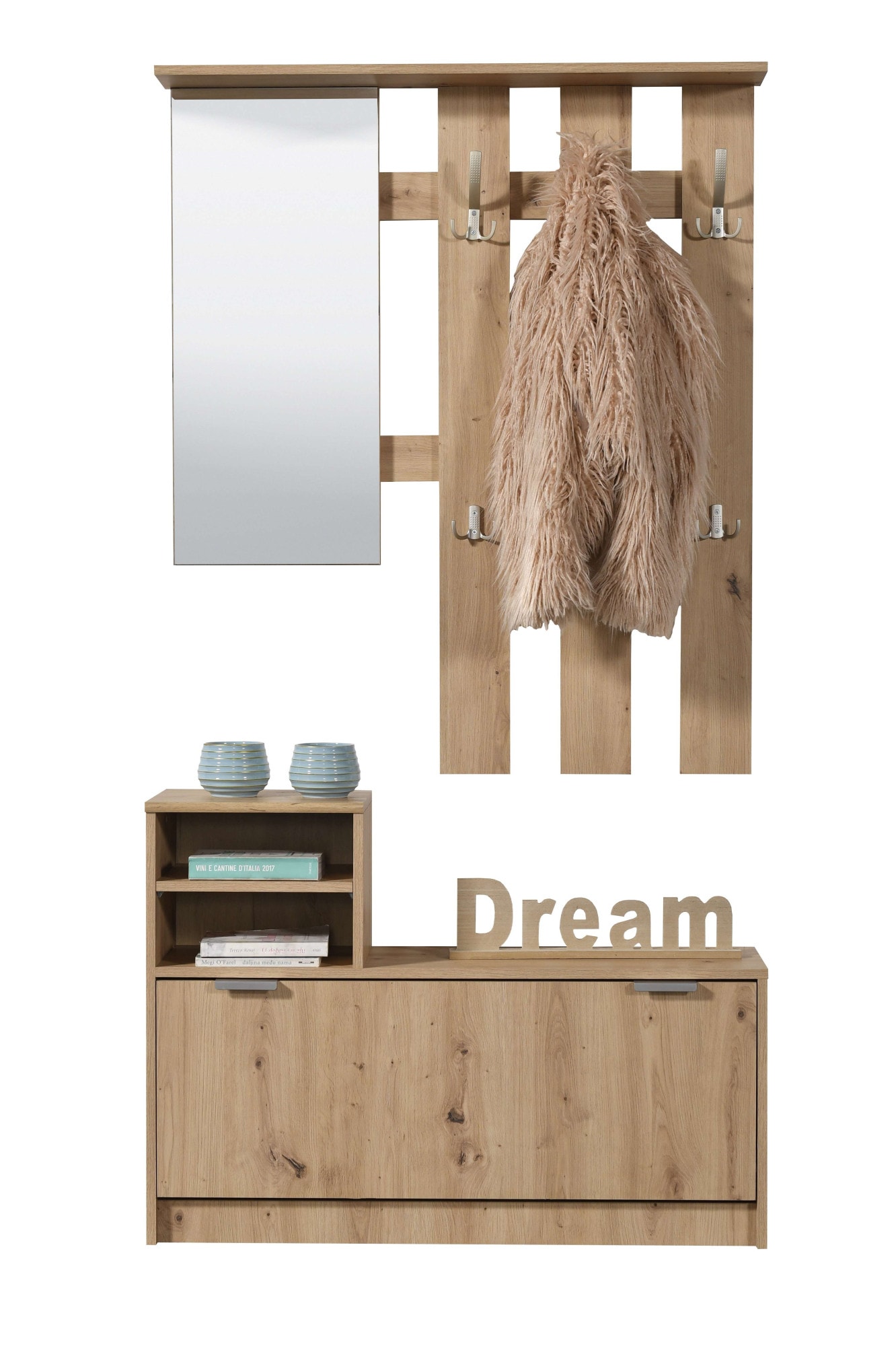 INOSIGN Garderoben-Set »Ravenna Flurgarderobe, Dielenschrank, Kompaktgarderobe, Breite 100 cm«, (Komplett-Set, 2 St.), inkl. Schuhschrank und Garderobenpaneel, mit Klapptür, Spiegel, Haken von INOSIGN