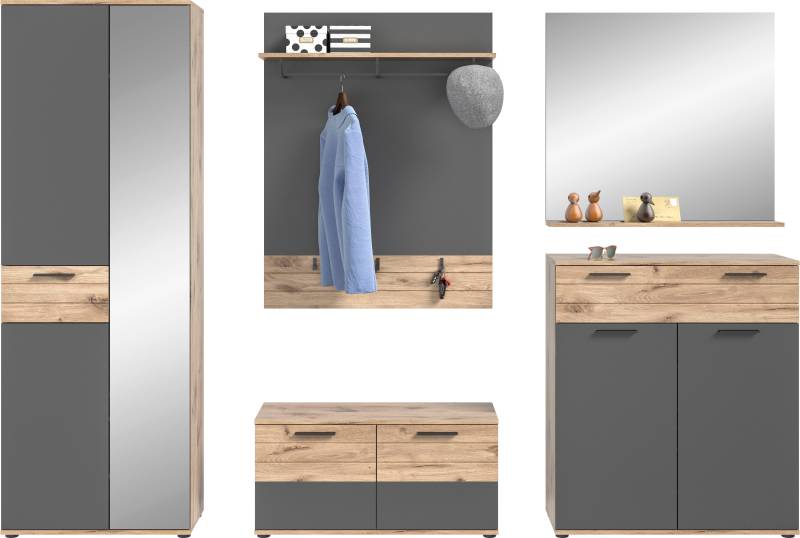 INOSIGN Garderoben-Set »Riga, Breite 280 cm, hochwertige Rillenfräsung, 5-teilig, best. aus:«, (Set, 5 St.), Garderobenschrank, Sitzbank, Paneel, Garderobenspiegel, Schuhkommode von INOSIGN