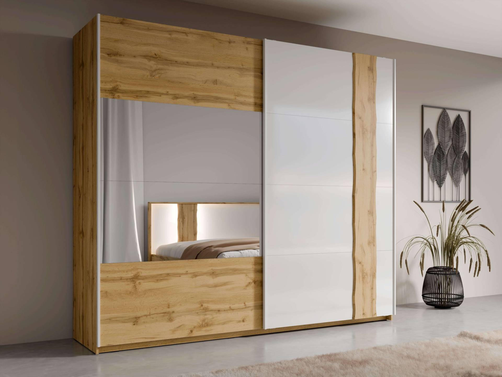 INOSIGN Kleiderschrank »Fabella mit Spiegel, 8 Einlegeböden und 2 Kleiderstange«, Garderobe mit 2 Schwebetüren und Spiegel, BxHxT 200x218x66,5 cm von INOSIGN
