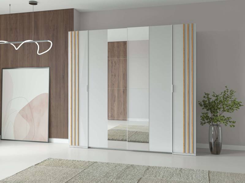 INOSIGN Kleiderschrank »Kleiderschrank Calera mit Spiegel, 10 Einlegeböden und Kleiderstange«, Garderobe mit 2 Schwebetüren und 2 Drehtüren, BxHxT 219,6x207,5x62 cm von INOSIGN