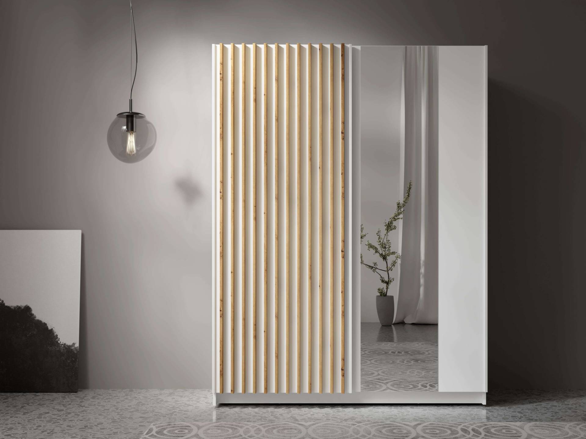 INOSIGN Kleiderschrank »Kleiderschrank Camden mit Spiegel, 4 Einlegeböden und Kleiderstange«, Garderobe mit 2 Schwebetüren und Lamellen, BxHxT 150,5x198,5x61,6 cm von INOSIGN