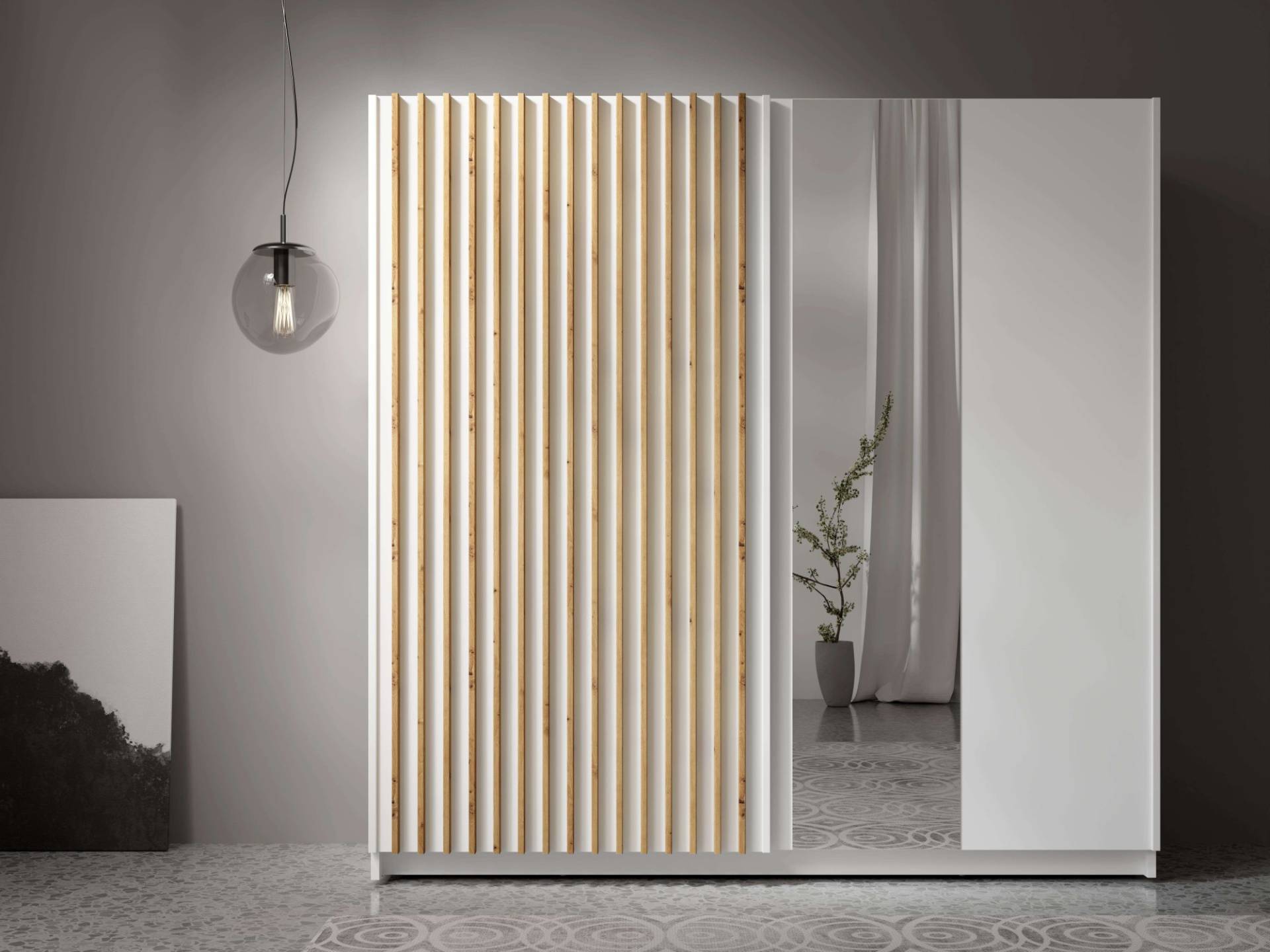INOSIGN Kleiderschrank »Kleiderschrank Camden mit Spiegel, 4 Einlegeböden und Kleiderstange«, Garderobe mit 2 Schwebetüren und Lamellen, BxHxT 200,2x198,5x61,6 cm von INOSIGN
