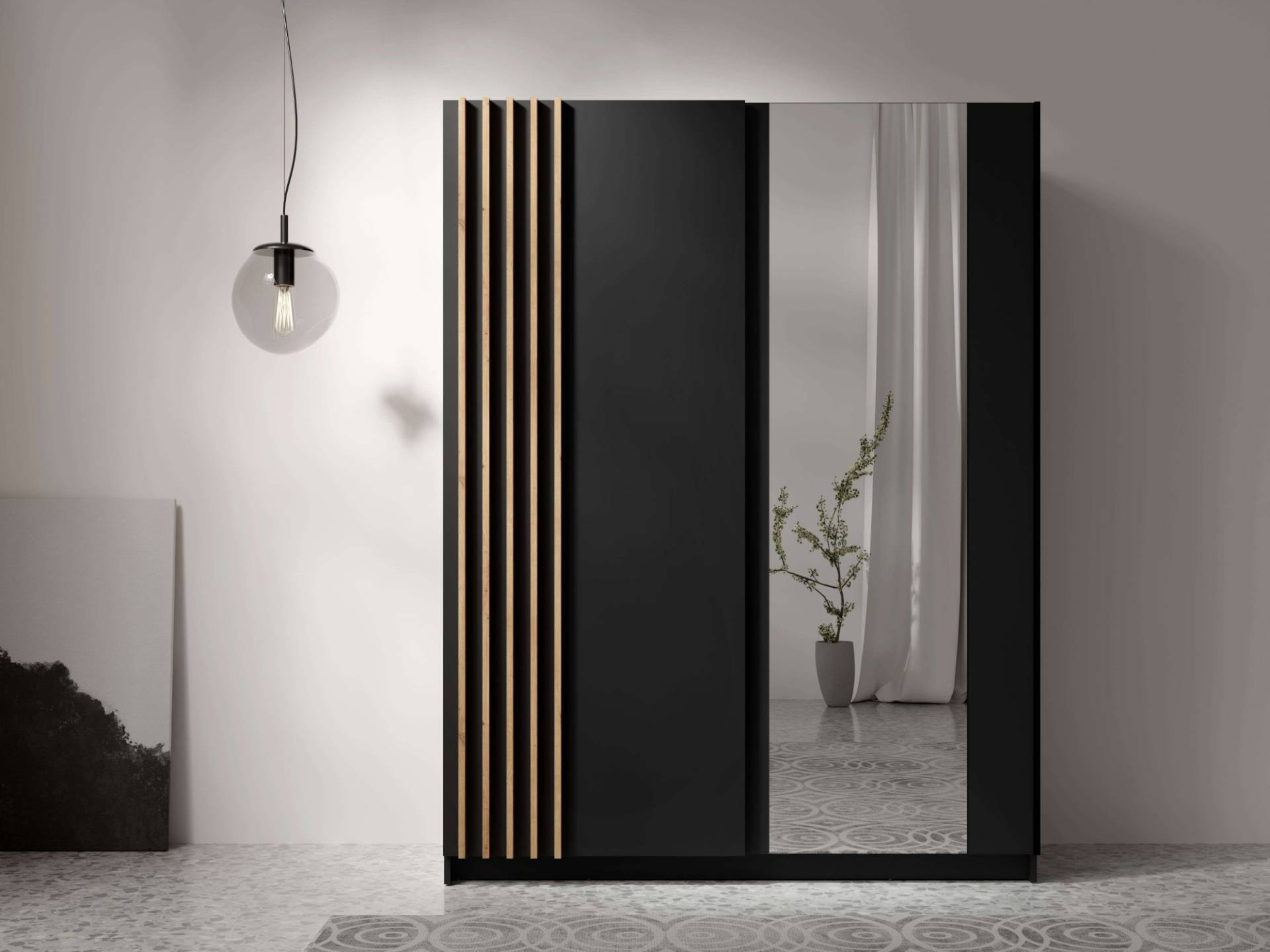 INOSIGN Kleiderschrank »Kleiderschrank Charisy mit Spiegel, 4 Einlegeböden und Kleiderstange«, Garderobe mit 2 Schwebetüren und Lamellen, B/H/T 150/198,5/62 cm