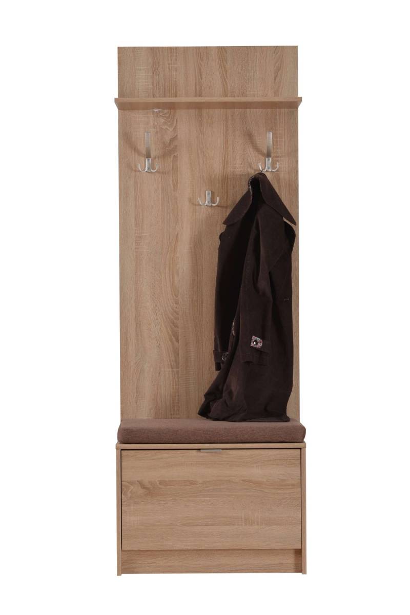 INOSIGN Kompaktgarderobe »Flamenco Flurgarderobe, Dielenschrank, Flurmöbel, Breite 67 cm«, mit Sitzbank und Garderobenpaneel, Klapptür, 8 Haken, in Sonoma Eiche von INOSIGN