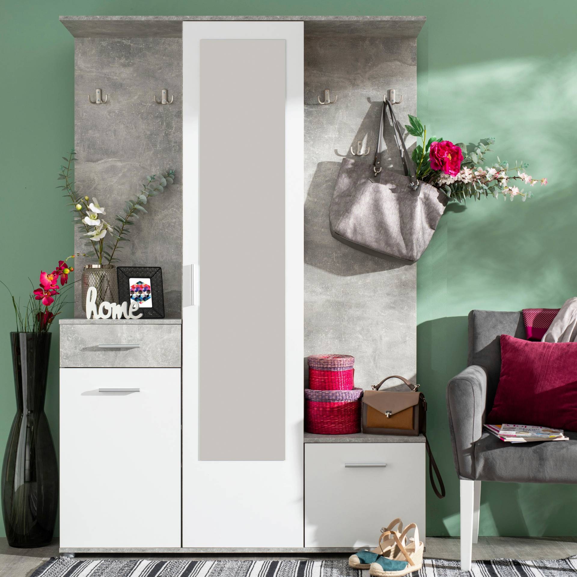INOSIGN Kompaktgarderobe »Martin Flurgarderobe, Dielenschrank, Flurmöbel, Breite 134 cm«, Schuhschrank, mit Spiegel, in modernen Farben, mit 10 Haken von INOSIGN