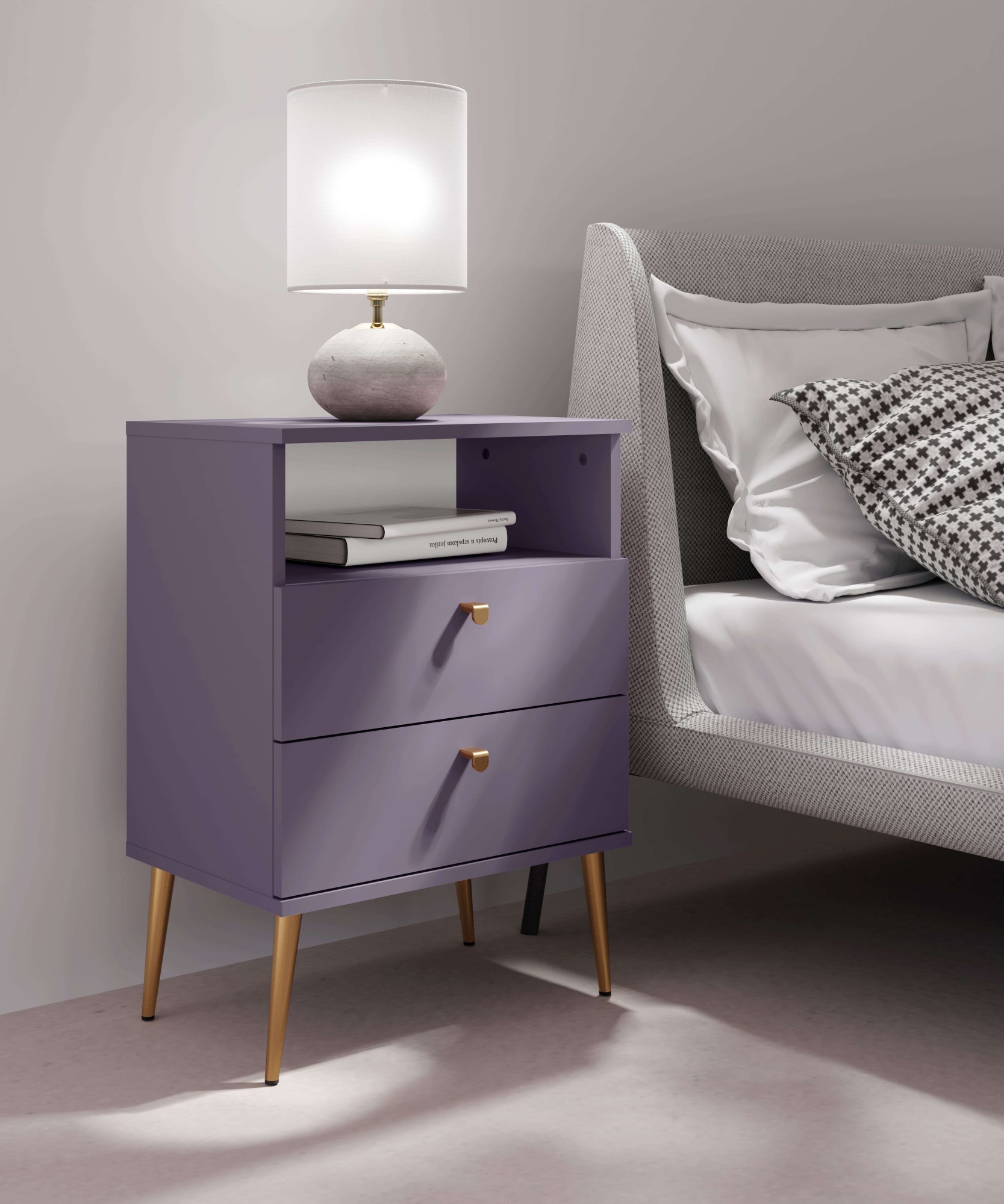 INOSIGN Nachttisch »Elyria, Metallgriffe, FSC-zertifizierter Holzwerkstoff«, (Nachtkommode B/T/H 50/34/69cm), mit 2 Schubladen, 1 offenes Fach, viele Farben mit goldfarbenfb. Details von INOSIGN
