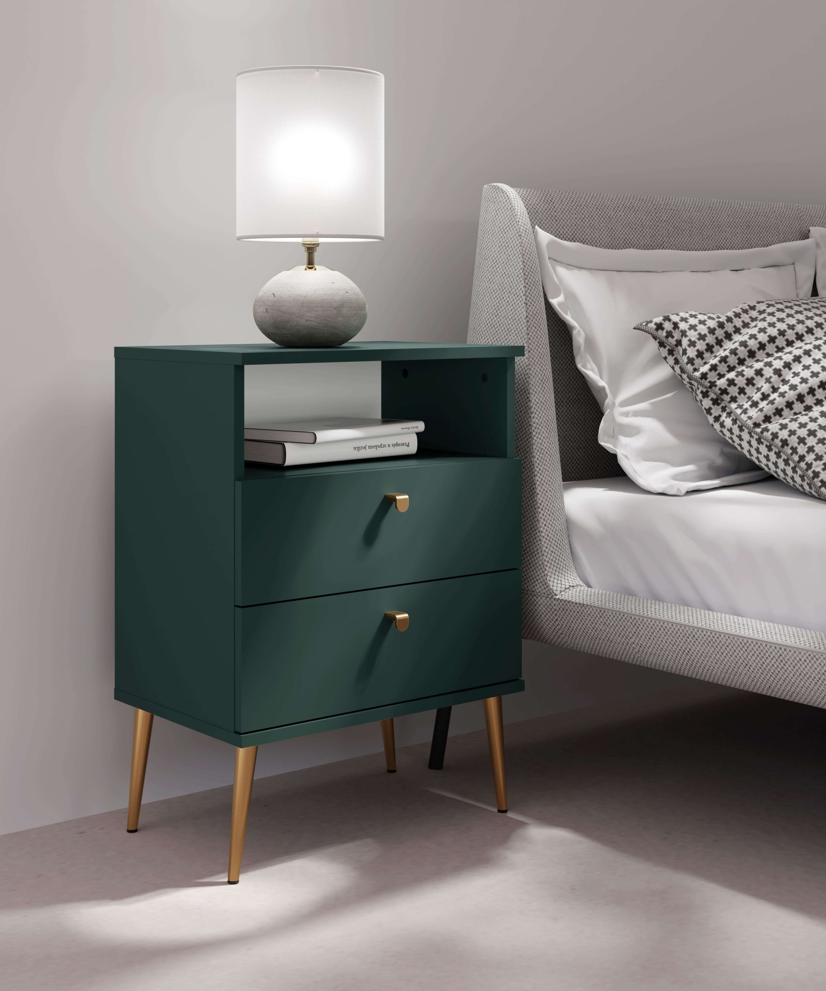 INOSIGN Nachttisch »Elyria, Metallgriffe, FSC-zertifizierter Holzwerkstoff«, (Nachtkommode B/T/H 50/34/69cm), mit 2 Schubladen, 1 offenes Fach, viele Farben mit goldfarbenfb. Details von INOSIGN