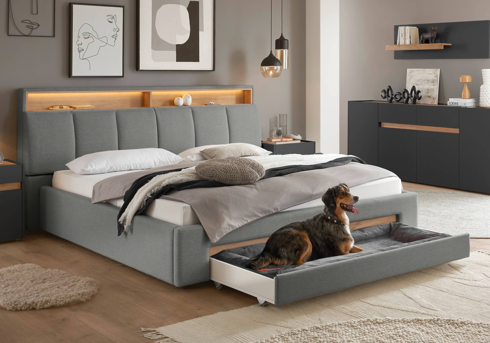 INOSIGN Polsterbett »CiTY/GiRON, gepolstertes Stauraumbett, mit LED Beleuchtung«, Bettkasten mit Hundebett oder als Stauraum, klappbare Kopfteile