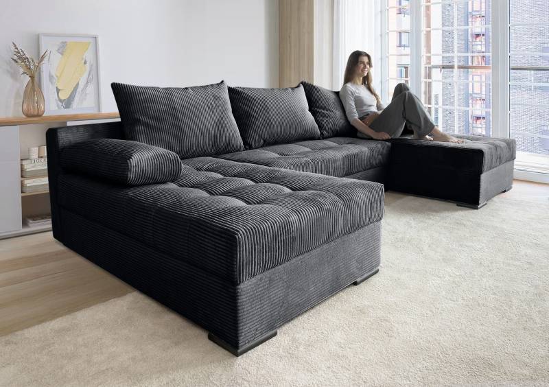 COLLECTION AB Wohnlandschaft »Josy U-Form, Breite 269 cm, Flachgewebe, Struktur, Cord & Cord/Mix«, (Cord-/Mix), inkl. Bettfunktion, Bettkasten, mit 3 gleich grossen Rückenkissen von COLLECTION AB