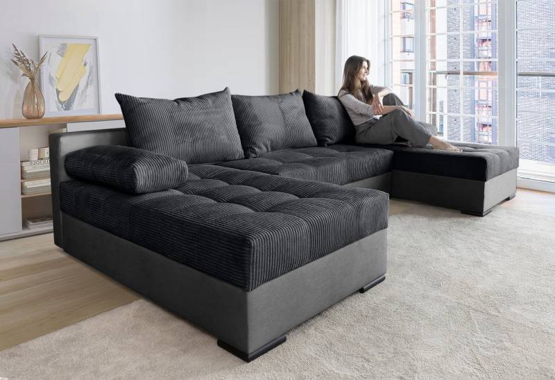 COLLECTION AB Wohnlandschaft »Josy U-Form, Breite 269 cm, Flachgewebe, Struktur, Cord & Cord/Mix«, (Cord-/Mix), inkl. Bettfunktion, Bettkasten, mit 3 gleich grossen Rückenkissen von COLLECTION AB