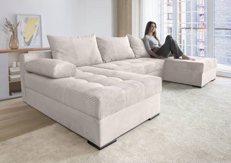 COLLECTION AB Wohnlandschaft »Josy U-Form, Breite 269 cm, Flachgewebe, Struktur, Cord & Cord/Mix«, (Cord-/Mix), inkl. Bettfunktion, Bettkasten, mit 3 gleich grossen Rückenkissen von COLLECTION AB