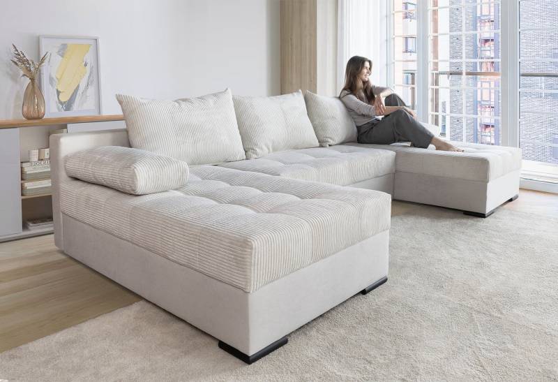 COLLECTION AB Wohnlandschaft »Josy U-Form, Breite 269 cm, Flachgewebe, Struktur, Cord & Cord/Mix«, (Cord-/Mix), inkl. Bettfunktion, Bettkasten, mit 3 gleich grossen Rückenkissen von COLLECTION AB