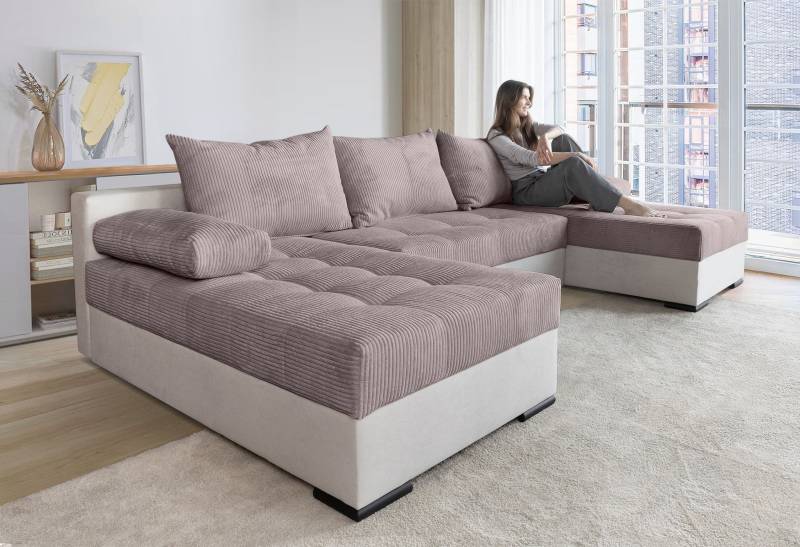 COLLECTION AB Wohnlandschaft »Josy U-Form, Breite 269 cm, Flachgewebe, Struktur, Cord & Cord/Mix«, (Cord-/Mix), inkl. Bettfunktion, Bettkasten, mit 3 gleich grossen Rückenkissen von COLLECTION AB