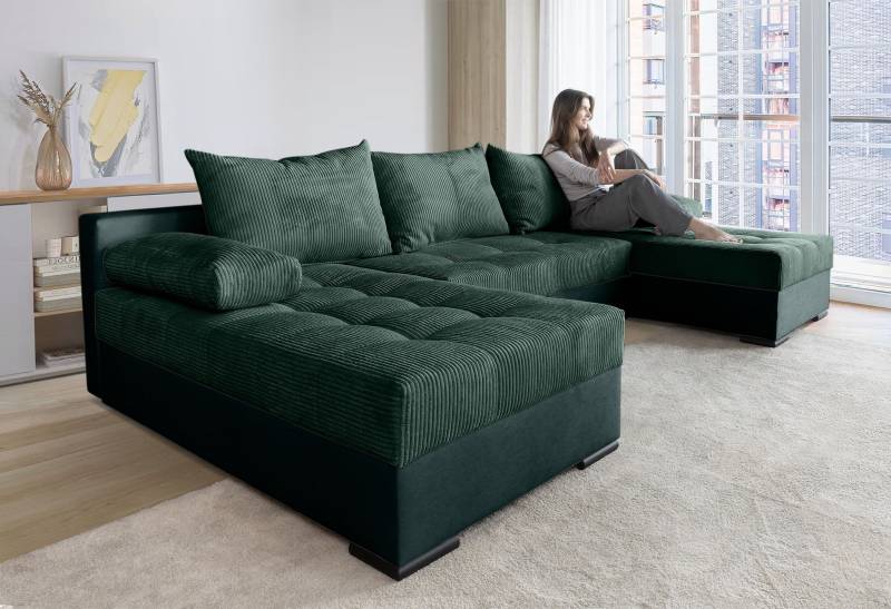 COLLECTION AB Wohnlandschaft »Josy U-Form, Breite 269 cm, Flachgewebe, Struktur, Cord & Cord/Mix«, (Cord-/Mix), inkl. Bettfunktion, Bettkasten, mit 3 gleich grossen Rückenkissen von COLLECTION AB
