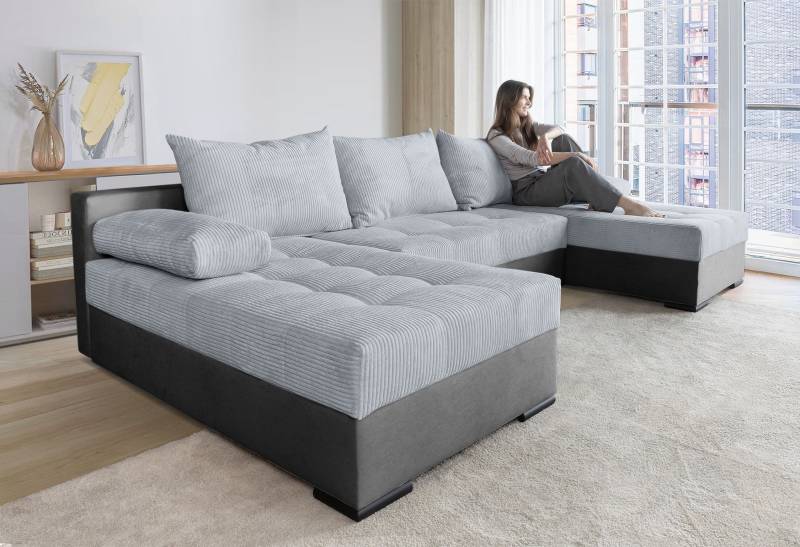 COLLECTION AB Wohnlandschaft »Josy U-Form, Breite 269 cm, Flachgewebe, Struktur, Cord & Cord/Mix«, (Cord-/Mix), inkl. Bettfunktion, Bettkasten, mit 3 gleich grossen Rückenkissen von COLLECTION AB