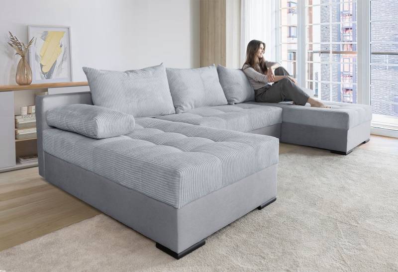 COLLECTION AB Wohnlandschaft »Josy U-Form, Breite 269 cm, Flachgewebe, Struktur, Cord & Cord/Mix«, (Cord-/Mix), inkl. Bettfunktion, Bettkasten, mit 3 gleich grossen Rückenkissen von COLLECTION AB