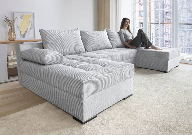 COLLECTION AB Wohnlandschaft »Josy U-Form, Breite 269 cm, Flachgewebe, Struktur, Kunstleder«, (Cord-/Mix), inkl. Bettfunktion, Bettkasten, mit 3 gleich grossen Rückenkissen von COLLECTION AB