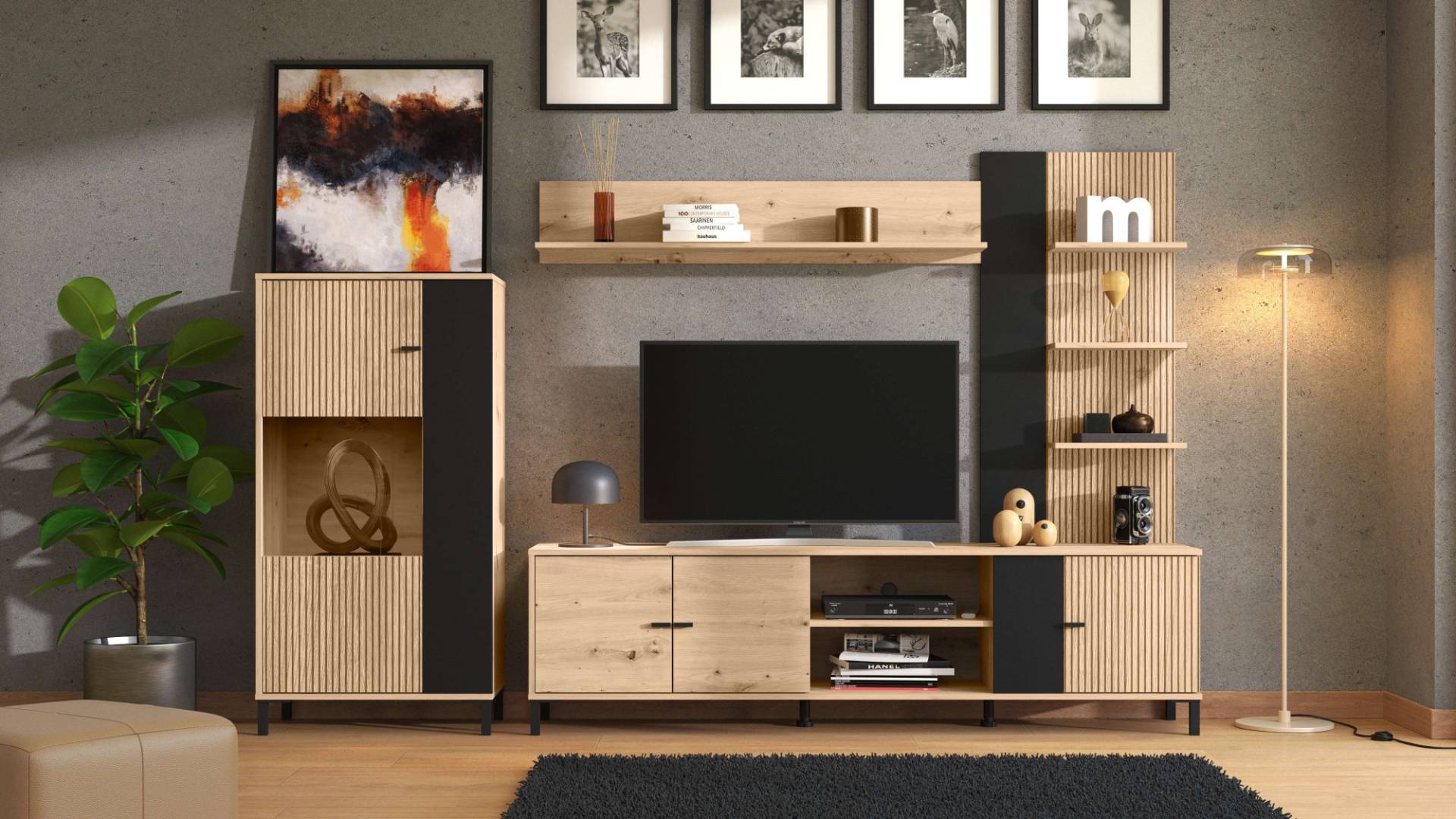 INOSIGN Wohnwand »Avignon, inkl. Highboard, TV-Board, Standregal und Wandregal«, (Komplett-Set, 4 St.), 263 cm, Trendfarben, mit dekorativen schwarzen Streifen, TV bis 58' von INOSIGN