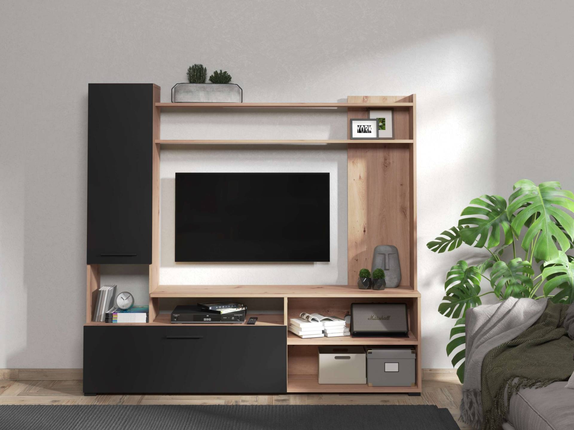 INOSIGN Wohnwand »Braga Wohnwand, Mediawand, Anbauwand, für TV bis 60', Breite 169 cm«, (Komplett-Set, 3 St.), Set besteht aus Standregal, TV-Board und Wandregal, in Artisan Eiche von INOSIGN