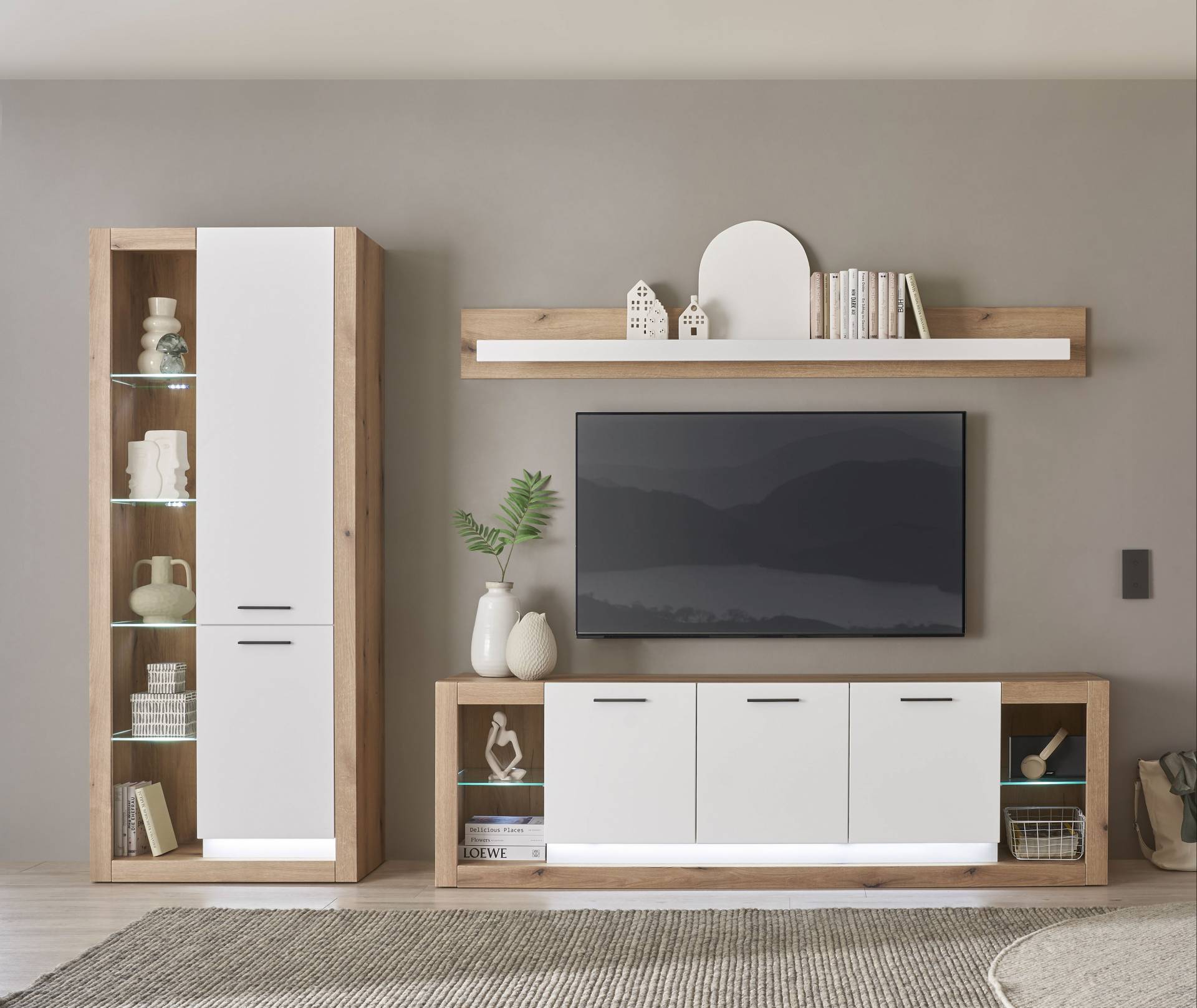 INOSIGN Wohnwand »Brixen, moderne Anbauwand, Wohnzimmer-Set, Eiche Evoke Dekor mit Weiss«, (Set, 3 St.), enthält Stauraumelement, Lowboard und Wandboard von INOSIGN