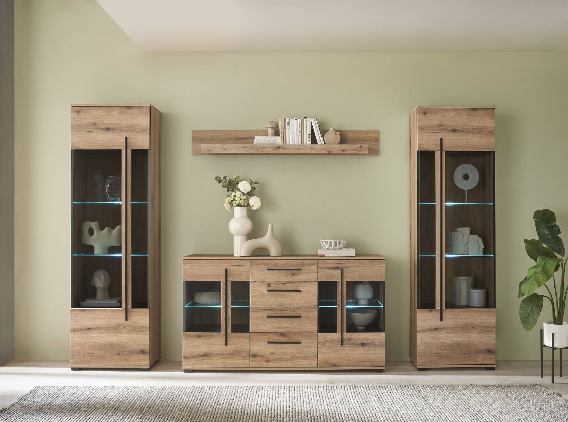 INOSIGN Wohnwand »Cantara, moderne Anbauwand, Wohnzimmer-Set, in Eiche Evoke oder Weiss«, (Set), enthält zwei Vitrinen, ein Sideboard und ein Wandboard von INOSIGN
