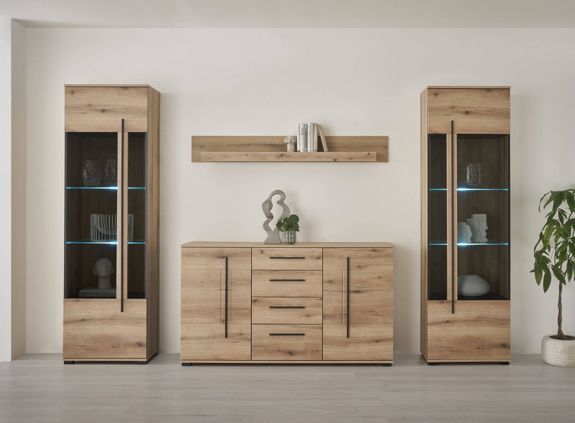 INOSIGN Wohnwand »Cantara, moderne Anbauwand, Wohnzimmer-Set, in Eiche Evoke oder Weiss«, (Set), enthält zwei Vitrinen, ein Sideboard und ein Wandboard von INOSIGN