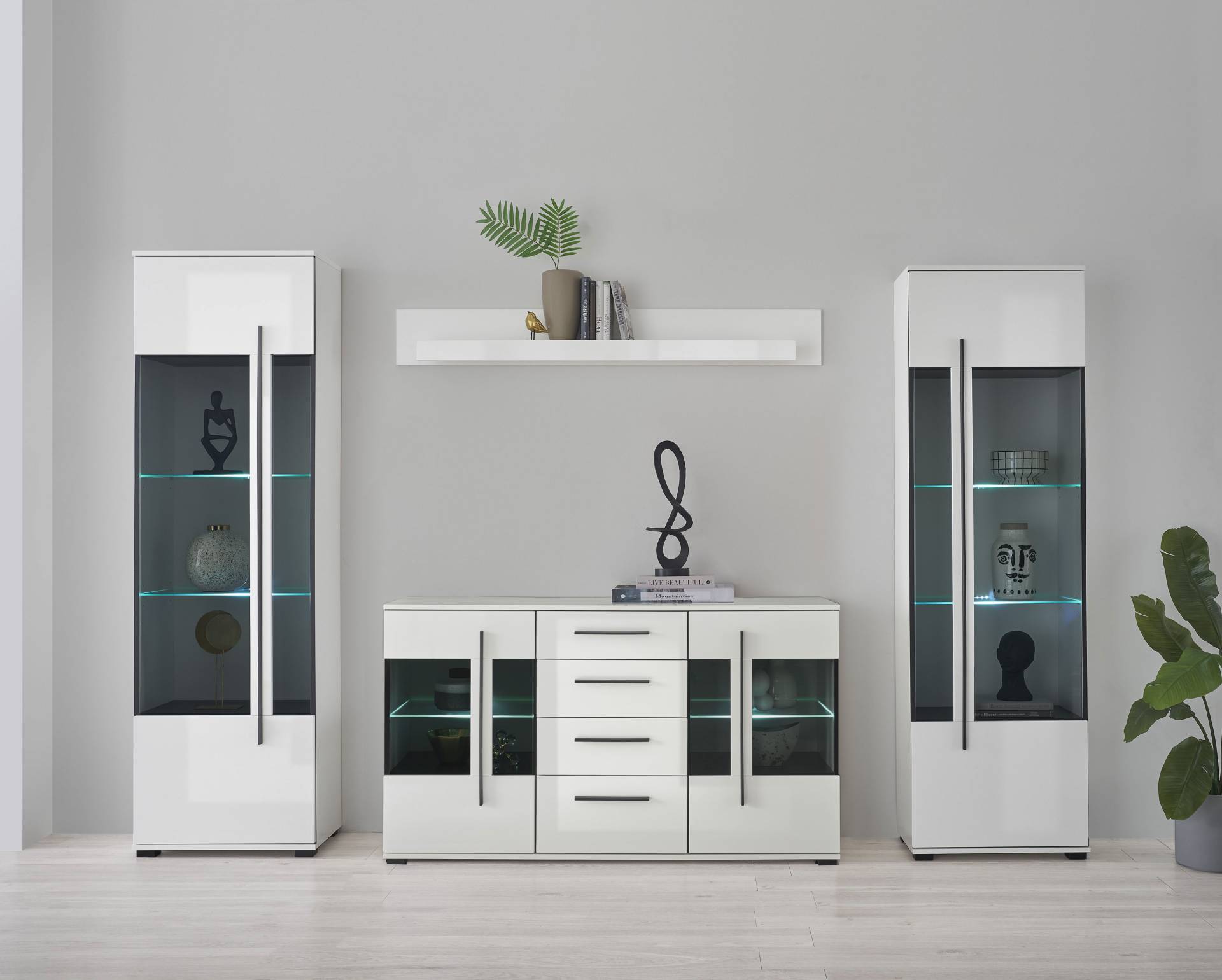 INOSIGN Wohnwand »Cantara, moderne Anbauwand, Wohnzimmer-Set, in Eiche Evoke oder Weiss«, (Set), enthält zwei Vitrinen, ein Sideboard und ein Wandboard von INOSIGN