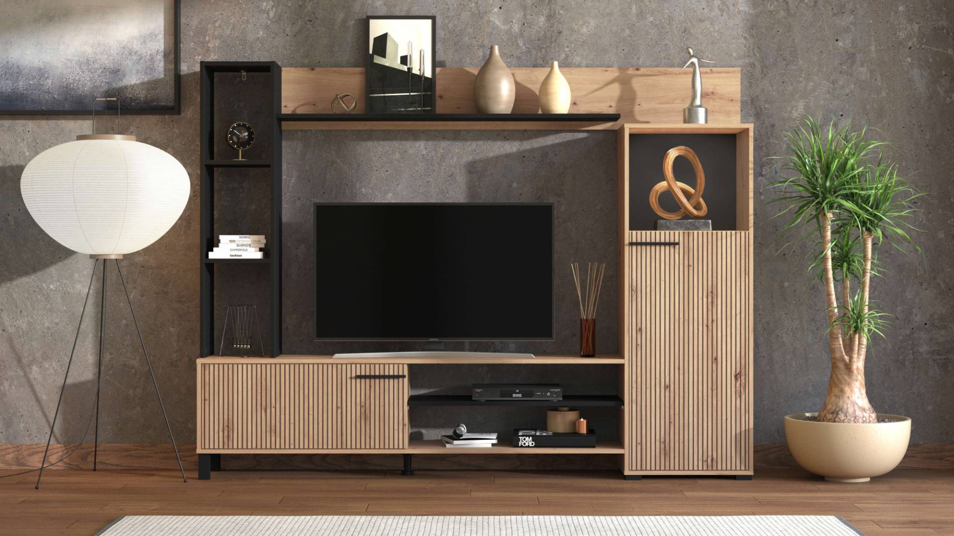 INOSIGN Wohnwand »Retimno, inkl. Highboard, TV-Board, Standregal und Wandregal«, (Komplett-Set, 4 St.), 208 cm, Trendfarben, mit dekorativen schwarzen Streifen, TV bis 58' von INOSIGN
