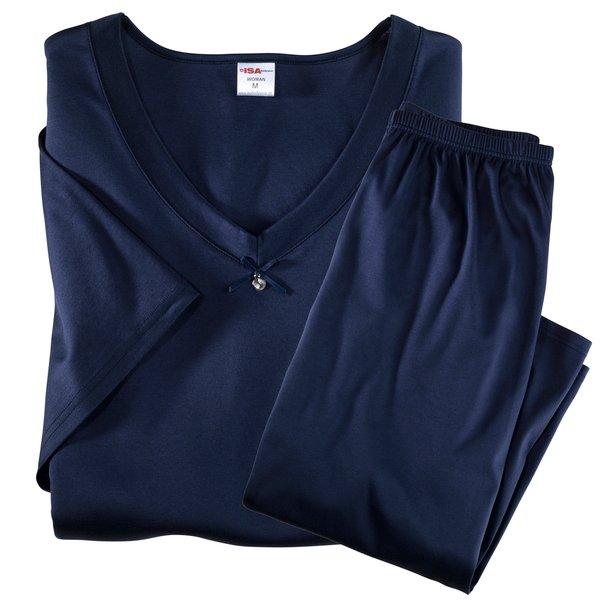 Pyjama Kurz, 3/4 Hose, V-ausschnitt Damen Blau L von ISA bodywear