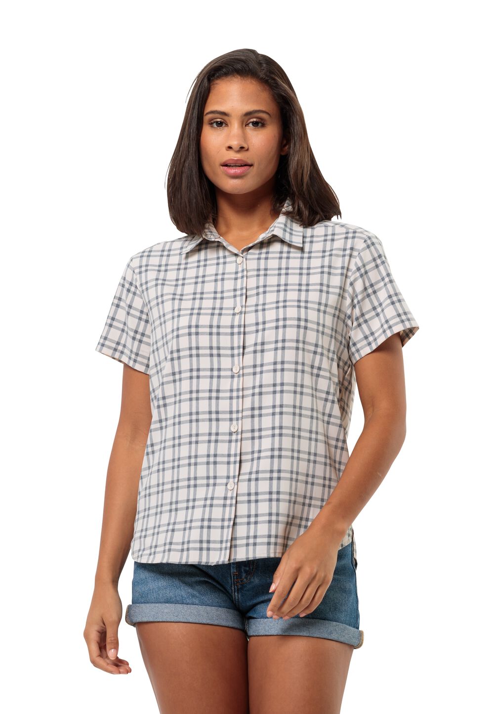 Jack Wolfskin Kurzarm Bluse Damen Febla Shirt Women XS blau night blue checks von Jack Wolfskin