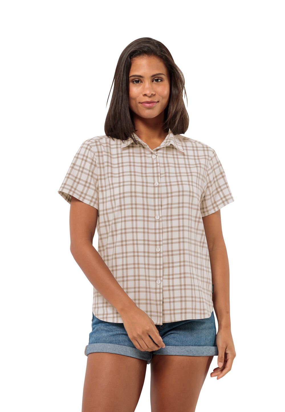 Jack Wolfskin Kurzarm Bluse Damen Febla Shirt Women XS braun sand storm checks von Jack Wolfskin