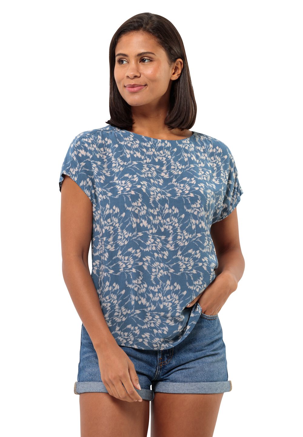 Jack Wolfskin Kurzarm Bluse Damen Sommerwiese T-Shirt Women XS leaves elemental blue LEAVES elemental blue von Jack Wolfskin