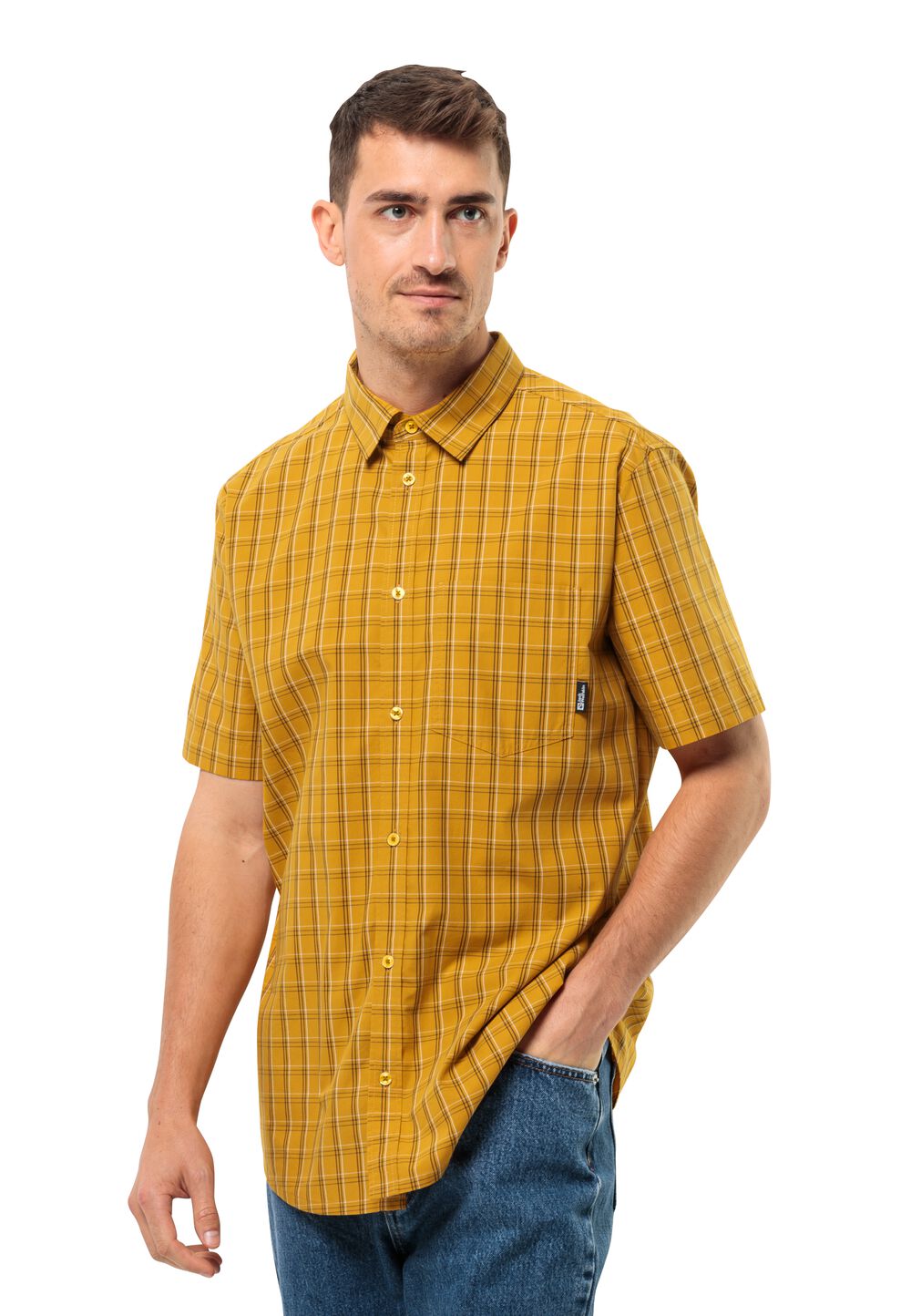 Jack Wolfskin Kurzarm Wanderhemd Herren Hot Springs Shirt Men M braun curry check von Jack Wolfskin