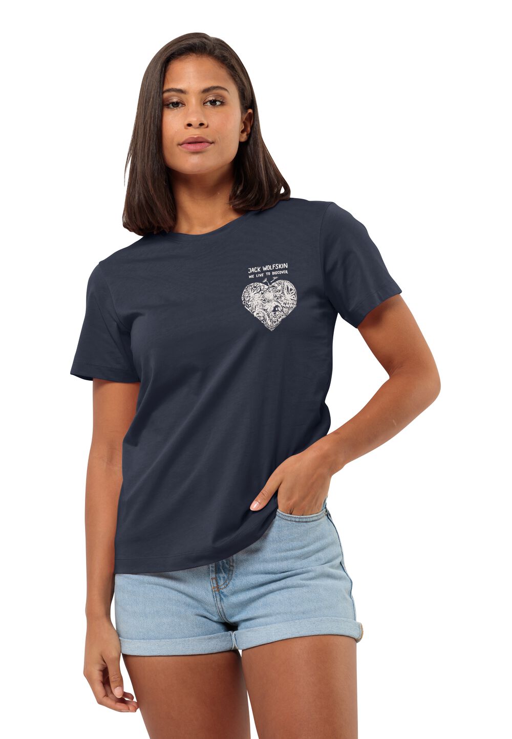 Jack Wolfskin T-Shirt aus Bio-Baumwolle Damen Discover Heart T-Shirt Women L blau night blue von Jack Wolfskin