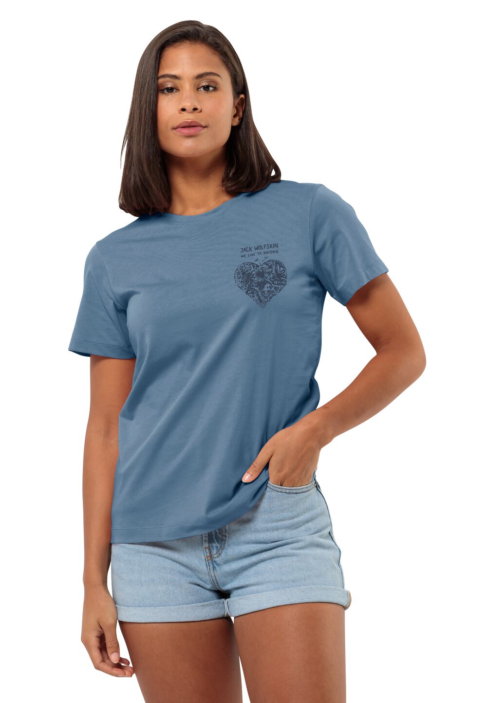 Jack Wolfskin T-Shirt aus Bio-Baumwolle Damen Discover Heart T-Shirt Women M elemental blue elemental blue von Jack Wolfskin