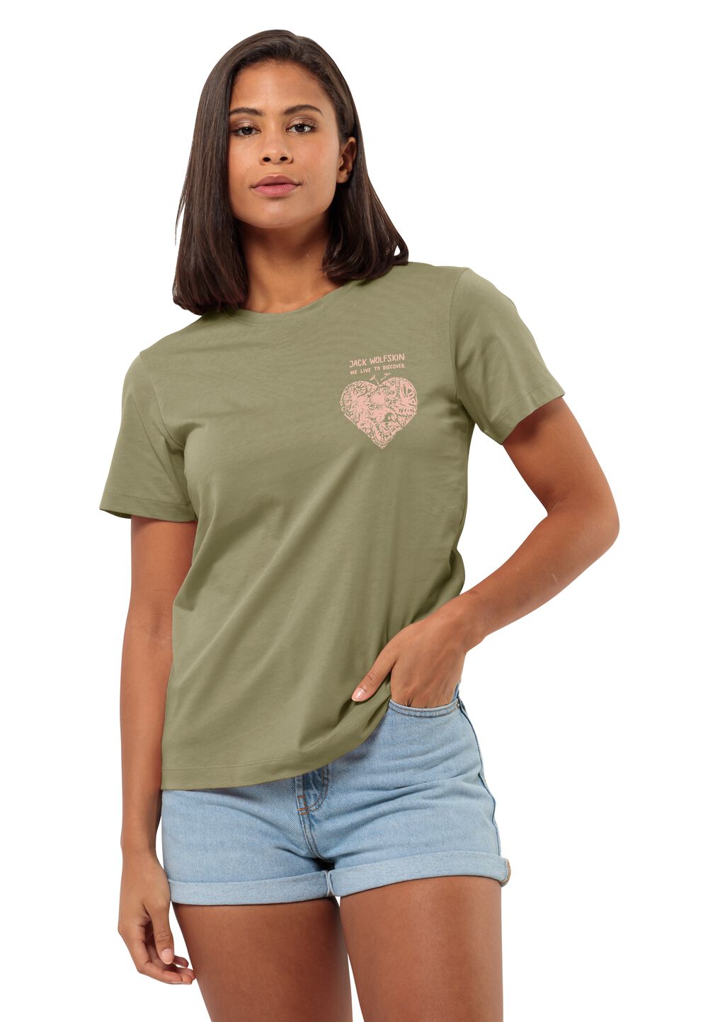 Jack Wolfskin T-Shirt aus Bio-Baumwolle Damen Discover Heart T-Shirt Women XS braun bay leaf von Jack Wolfskin