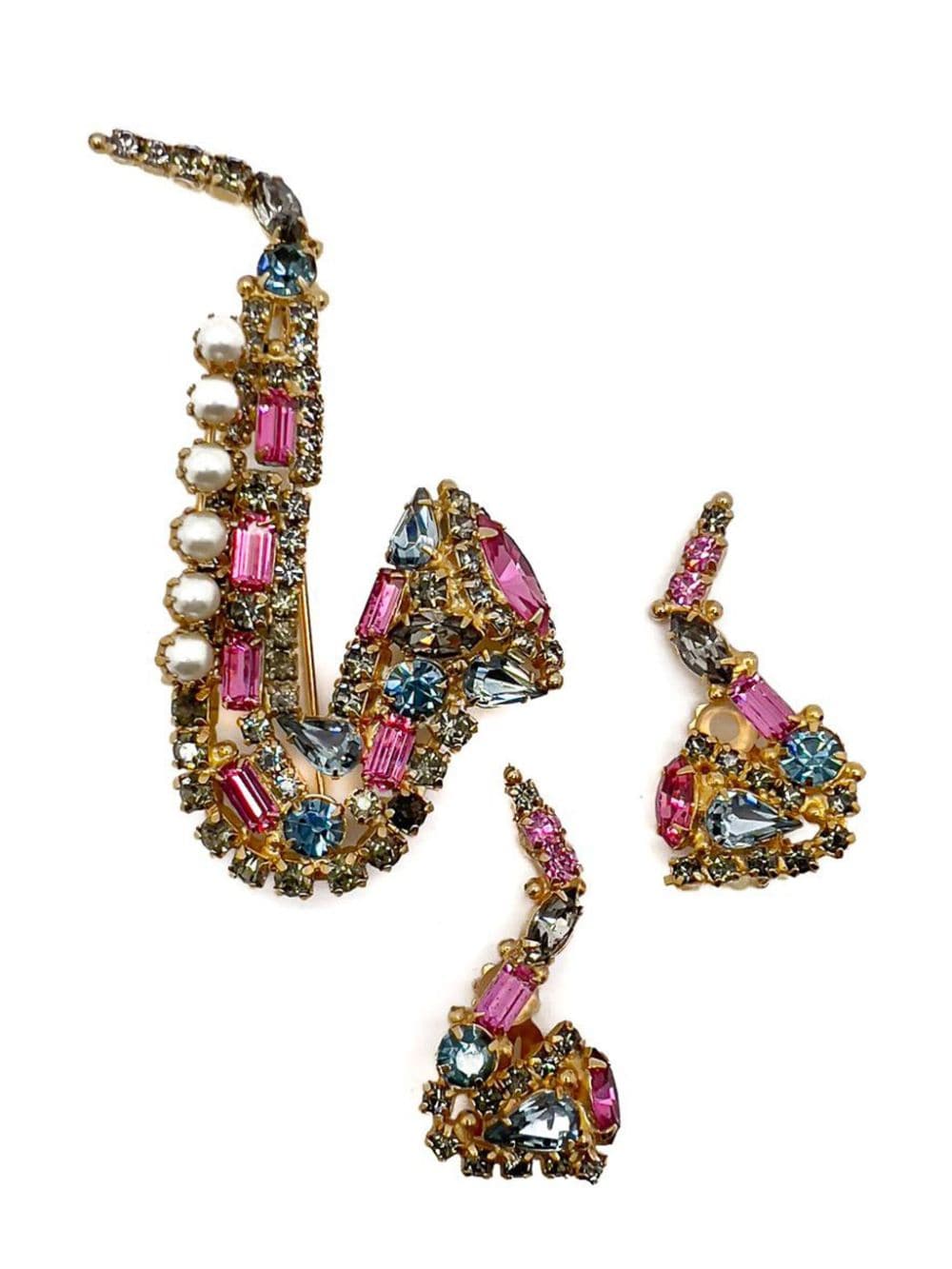 Jennifer Gibson Jewellery Vintage Original by Robert Crystal Saxophone Brooch & Earrings 1960s - Pink von Jennifer Gibson Jewellery