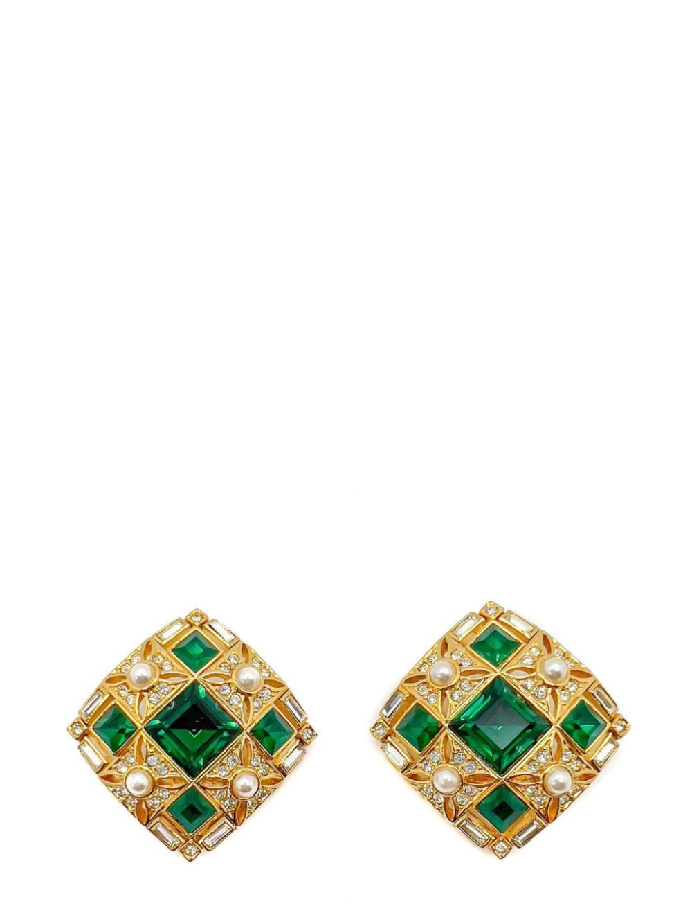 Jennifer Gibson Jewellery Vintage Square Cut Emerald Crystal & Pearl Earrings 1980s - Gold von Jennifer Gibson Jewellery