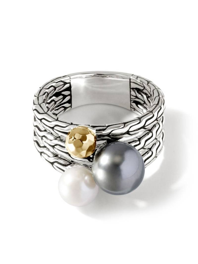 John Hardy 18kt gold Carved Chain freshwater pearl and Tahitian pearl multi row ring - Silver von John Hardy