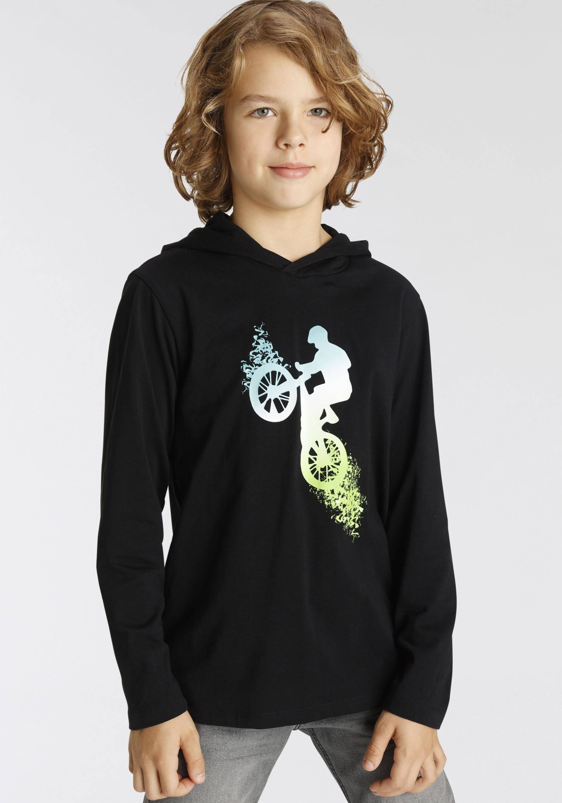 KIDSWORLD Kapuzenshirt »BIKER«, Langarm, sportlicher Stil, mit trendigem Druck, aus Baumwolle KIDSWORLD Kapuzenshirt »BIKER«, Langarm, sportlicher Stil, mit trendigem Druck, aus Baumwolle von KIDSWORLD