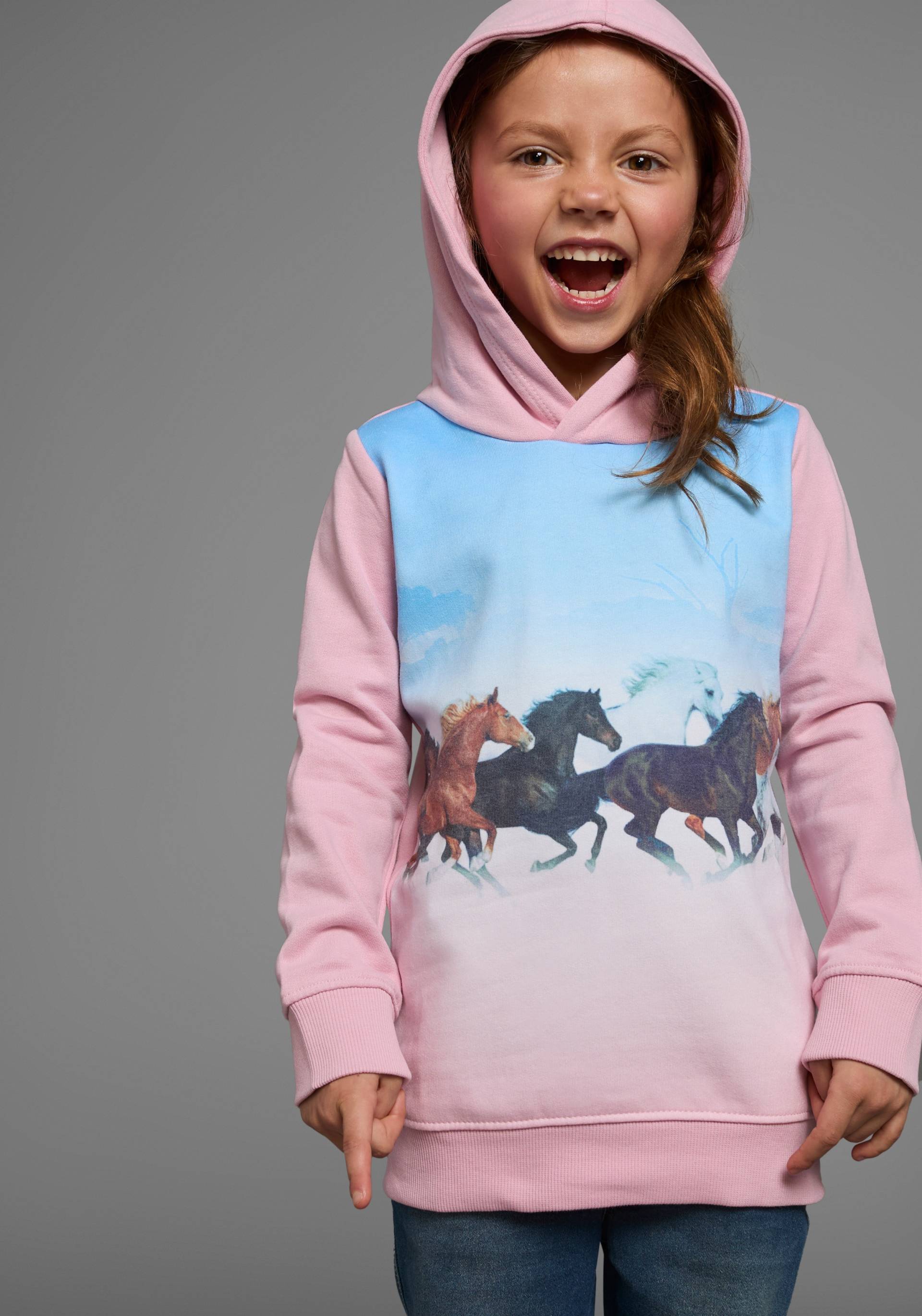 KIDSWORLD Longsweatshirt »für kleine Mädchen«, Langarm, bedruckt, mit Kapuze, aus angerauter Sweatware KIDSWORLD Longsweatshirt »für kleine Mädchen«, Langarm, bedruckt, mit Kapuze, aus angerauter Sweatware von KIDSWORLD