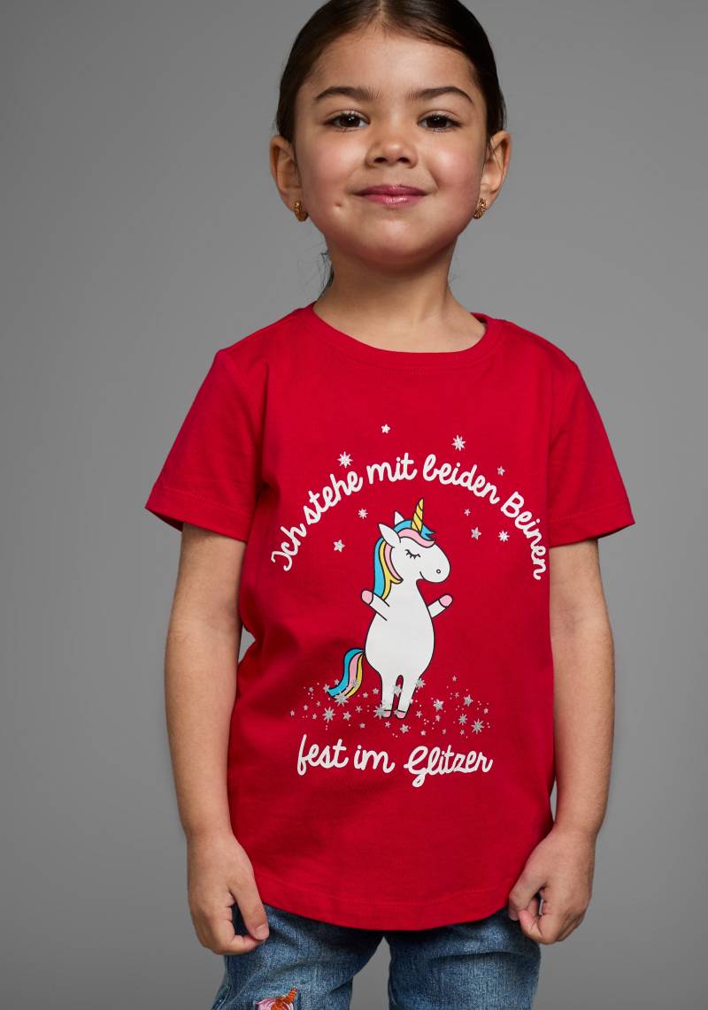 KIDSWORLD T-Shirt »Mit Einhorn-Druck und Glitzereffekten«, Kurzarm, hüftlange Passform, mit stylischem Print von KIDSWORLD
