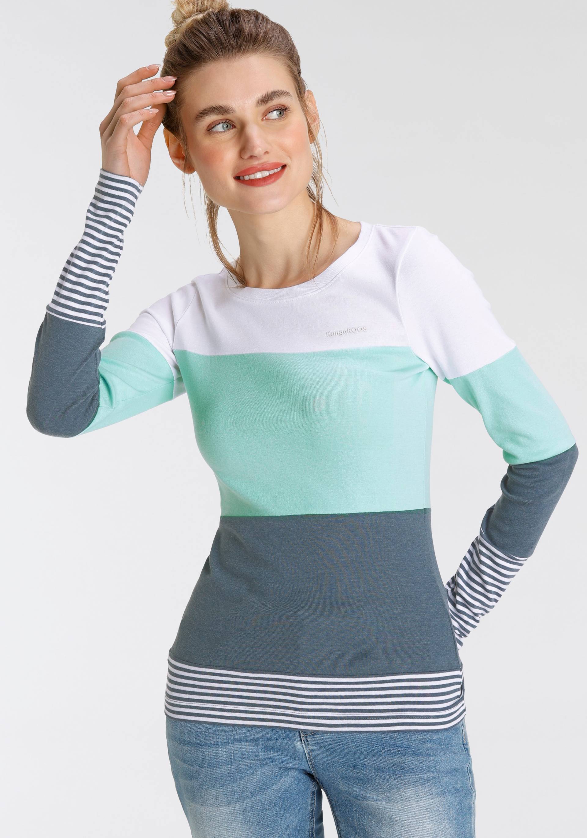 KangaROOS Longsleeve, mit Langarm, figurbetonte Passform, Colourblocking-Optik KangaROOS Longsleeve, mit Langarm, figurbetonte Passform, Colourblocking-Optik von KangaROOS